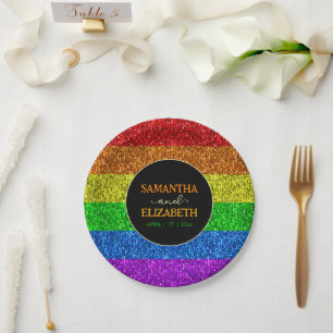 LGBT flag rainbow sparkles gay lesbian wedding Paper Plate