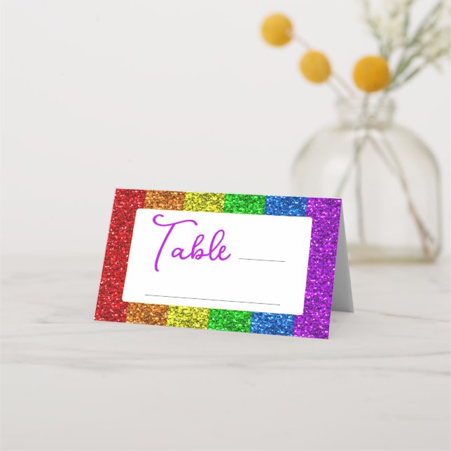 LGBT flag rainbow sparkles gay lesbian wedding Place Card (Front)