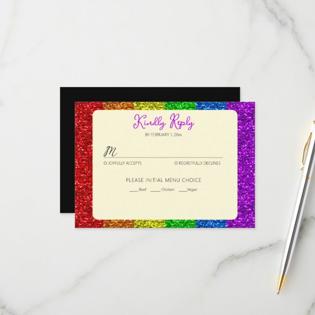 LGBT flag rainbow sparkles gay lesbian wedding RSVP Card (Front/Back In Situ)