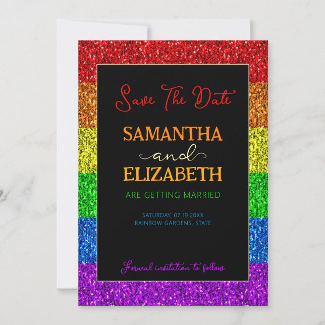LGBT flag rainbow sparkles gay lesbian wedding Save The Date (Front)