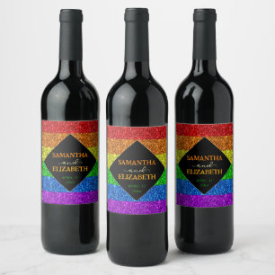 LGBT flag rainbow sparkles wedding Thank you Wine Label