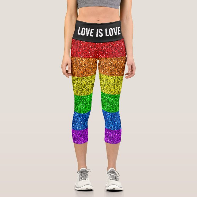 LGBT flag vibrant rainbow glitter Love is love Capri Leggings (Front)