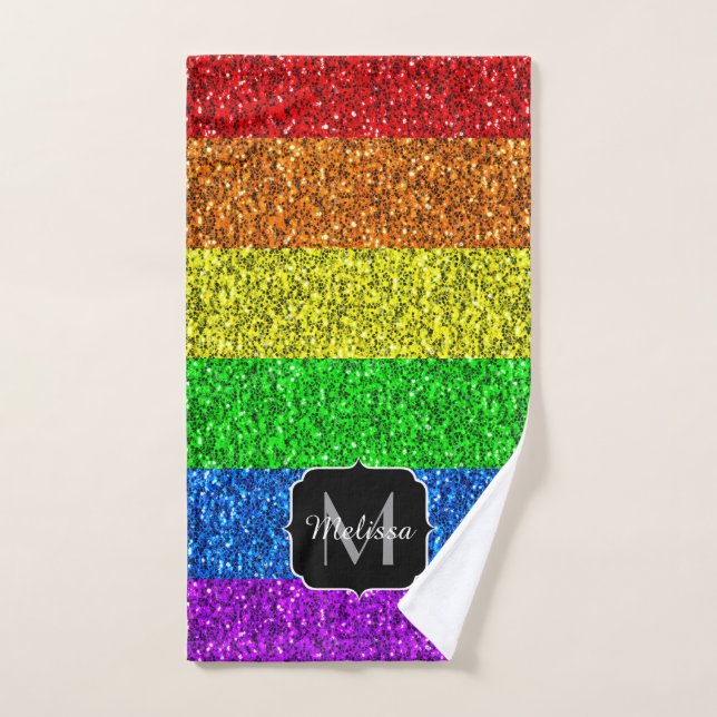 LGBT flag vibrant rainbow glitter sparkle Monogram Bath Towel Set (Hand Towel)