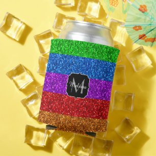 LGBT flag vibrant rainbow glitter sparkle Monogram Can Cooler