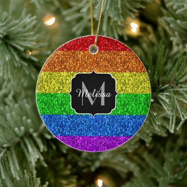LGBT flag vibrant rainbow glitter sparkle Monogram Ceramic Tree Decoration (Tree)