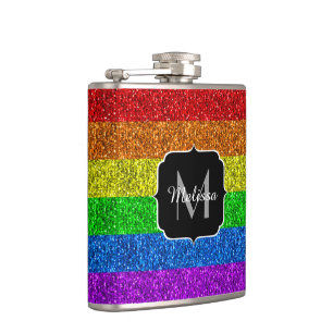 LGBT flag vibrant rainbow glitter sparkle Monogram Hip Flask