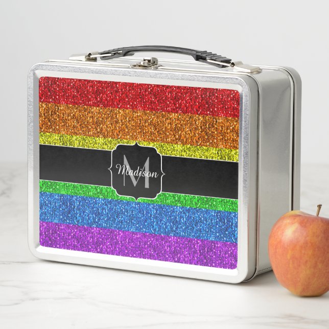 LGBT flag vibrant rainbow glitter sparkle Monogram Metal Lunch Box (In Situ)