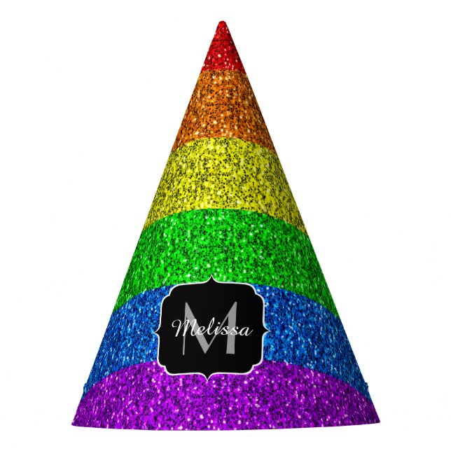 LGBT flag vibrant rainbow glitter sparkle Monogram Party Hat (Front)