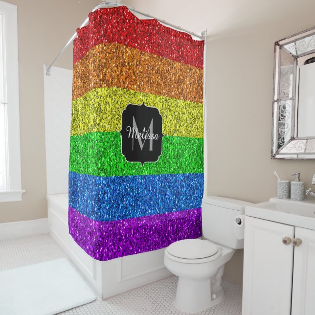 LGBT flag vibrant rainbow glitter sparkle Monogram Shower Curtain (In Situ)