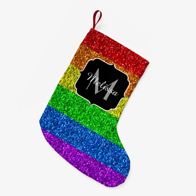 LGBT flag vibrant rainbow glitter sparkle Monogram Small Christmas Stocking (Front (Hanging))
