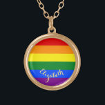 LGBT Gay Lesbian Pride Rainbow Flag Personalised Gold Plated Necklace<br><div class="desc">Beautiful, vibrant, LGBT gay pride rainbow flag colours, colourful geometric stripes pattern, custom, personalised, monogrammed, stylish, UV resistant and waterproof, gold finish metal round charm necklace. The necklace features text in elegant faux gold typography script. Simply enter your name / couples names / wedding date / monogram / initials, to...</div>