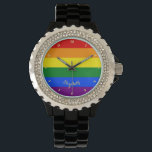 LGBT Gay Lesbian Pride Rainbow Flag Rhinestone Watch<br><div class="desc">Beautiful, vibrant, LGBT gay pride rainbow flag colours, colourful geometric stripes pattern, custom, personalised, monogrammed, stylish, rhinestone crystals, black enamel alloy, bracelet wrist watch. The watch features text in elegant faux gold typography script. Simply enter your name / couples names / wedding date / monogram / initials, to customise. Makes...</div>