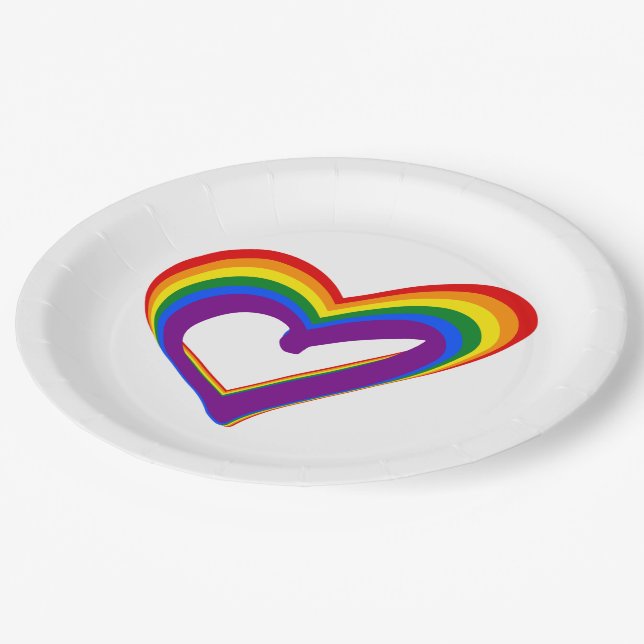 LGBT Gay Pride Love Rainbow Flag Heart LGBTQ Party Paper Plate (Angled)