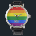 LGBT Gay Pride Rainbow Flag Colours Gold Monogram Watch<br><div class="desc">Beautiful, vibrant, LGBT gay pride rainbow flag colours, colourful geometric stripes pattern, custom, personalised, monogrammed stylish classic vintage look black leather strap, alloy case, wrist watch. The watch features text in elegant faux gold typography script. Simply enter your monogram / initials, to customise. Makes a great gift for birthday, graduation,...</div>