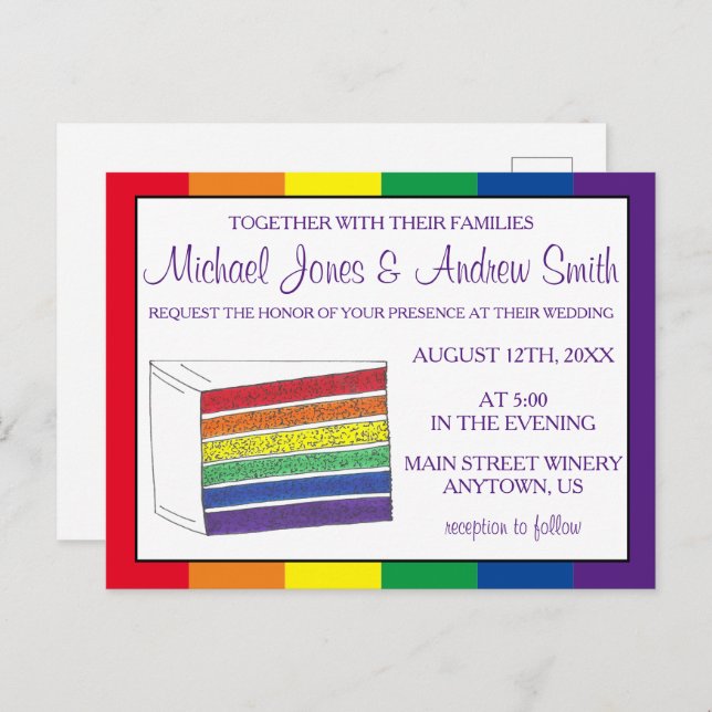 LGBT Gay Pride Rainbow Layer Wedding Cake Slice Invitation Postcard (Front/Back)