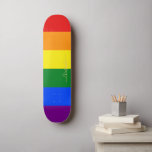 LGBT Gay Pride Rainbow Stripes Flag LGBTQ Monogram Skateboard<br><div class="desc">Beautiful, vibrant, LGBT gay pride rainbow flag colours, colourful geometric stripes pattern, custom, personalised, classy elegant faux gold script / typography / font, modern, cool, stylish, best quality hard-rock maple competition shaped skateboard deck. To customise, simply type in your name / monogram / initials. While you add / design, you'll...</div>
