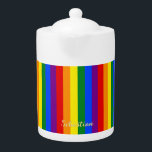 LGBT Gay Pride Rainbow Stripes Flag Monogram LGBTQ<br><div class="desc">Beautiful, vibrant, LGBT gay pride rainbow flag colours, colourful geometric stripes pattern, custom, personalised, modern, cool, stylish, classy elegant faux gold script / typography / font, monogrammed, 100% white porcelain, dishwasher safe, microwave safe, teapot. Simply type in your name / kids name / family name / company name, to customise....</div>
