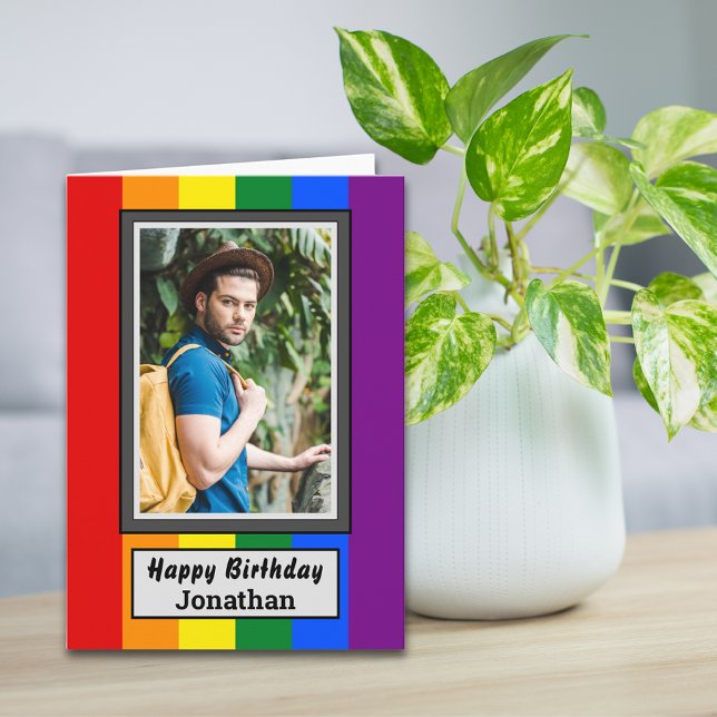 LGBT Gay Rainbow Flag with Photo & Name Birthday Card (Creator Uploaded)