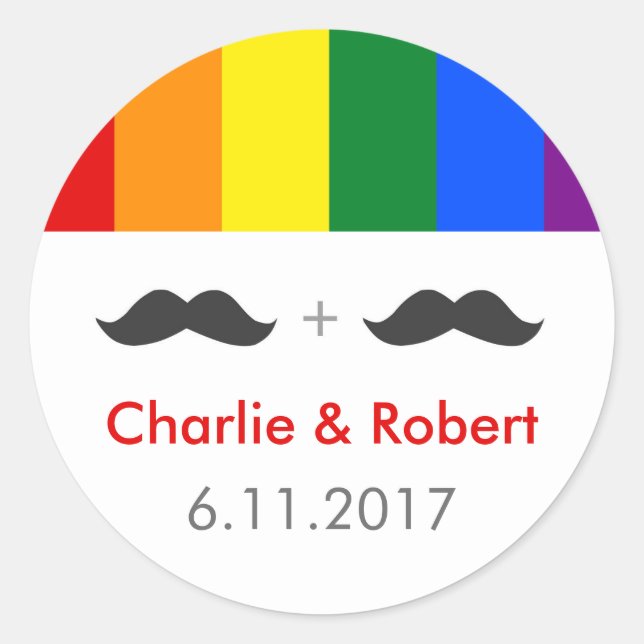 LGBT Gay Wedding Moustaches Rainbow Classic Round Sticker (Front)