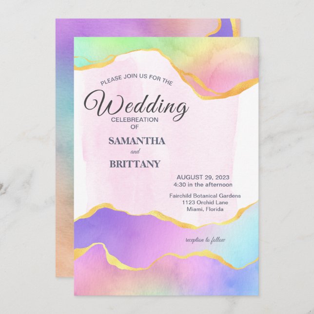 LGBT Gold & Rainbow Watercolor Wedding Invitation (Front/Back)