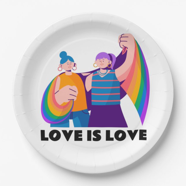 LGBT Lesbian Love Is Love Pride Girls Illustration Paper Plate (Front)