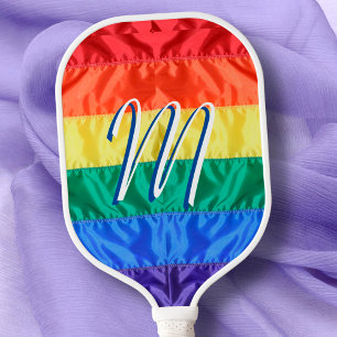 LGBT LGBTQ Rainbow Flag Rainbow Stripes Monogram Pickleball Paddle