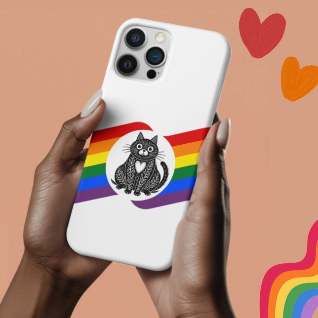 LGBT Pride Black & White Folk Art Cat iPhone Case (lgbtq pride cat iphone case)