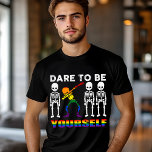 LGBT Pride Dare To Be Yourself Modern Dab Tri-Blend Shirt<br><div class="desc">This modern LGBT themed design features the text "Dare to be yourself" in white and rainbow typography accented with three white skeletons and one rainbow skeleton dabbing
#LGBT #gay #pride #lesbian #bisexual #transgender #queer #equality #rainbow #fashion #fashionable #style #stylish #halloween #skeleton</div>