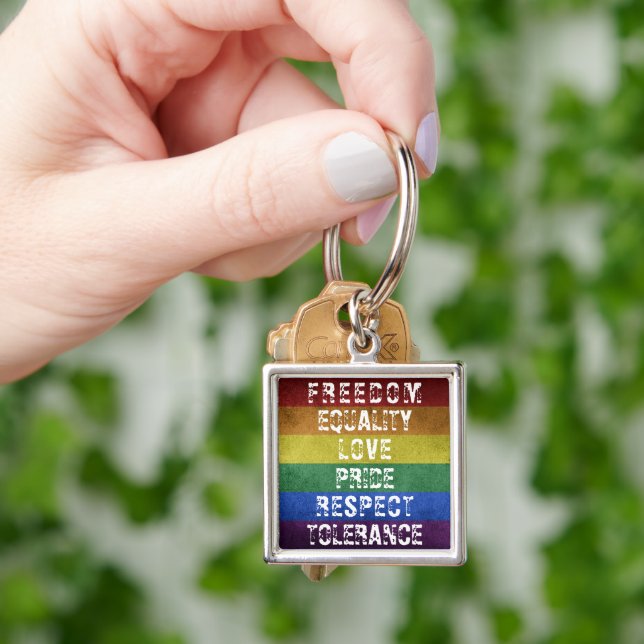 LGBT Pride Modern Rainbow Stripes Flag Key Ring (Hand)
