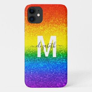 LGBT Pride Rainbow Glitter Stripes Monogram Name Case-Mate iPhone Case