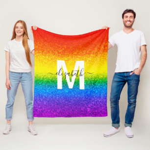 LGBT Pride Rainbow Glitter Stripes Monogram Name Fleece Blanket