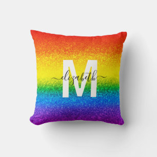 LGBT Rainbow Chic Rainbow Glitter Stripes Monogram Cushion