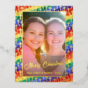 LGBT rainbow flag Cross custom photo Christmas Foil Holiday Postcard