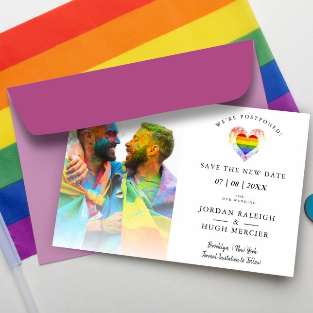 LGBT Rainbow Heart Save New Date Postponed Wedding Postcard (Creator Uploaded)