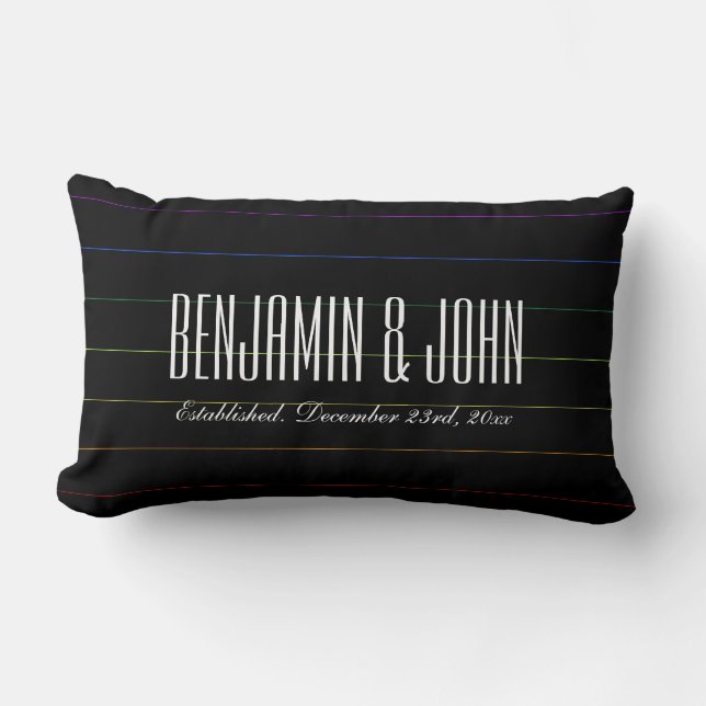 LGBT Rainbow Pinstripes Custom Names Anniversary Lumbar Cushion (Front)