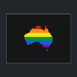 LGBT rainbow pride map of Australia Postcard<br><div class="desc">Design with rainbow stripes from LGBT (lesbian,  gay,  bisexual,  and transgender) flag on Australian map,  gay pride flag design on black background</div>