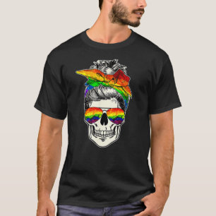LGBT Skull Messy Bun Rainbow LGBTQ Gay Pride LGBT  T-Shirt