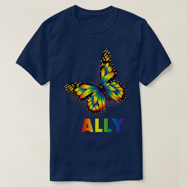 LGBTQ+ Ally Rainbow Flag Butterfly Design Pride  T-Shirt (Design Front)