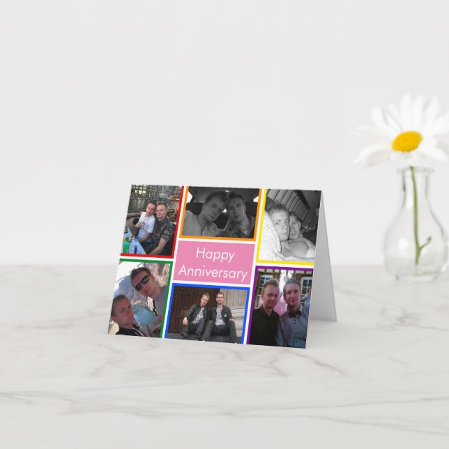 LGBTQ Couple Six Rainbow Photos Happy Anniversary Card (Small Plant)