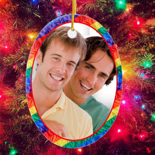 LGBTQ custom photo gay pride rainbow flag oval Ceramic Tree Decoration