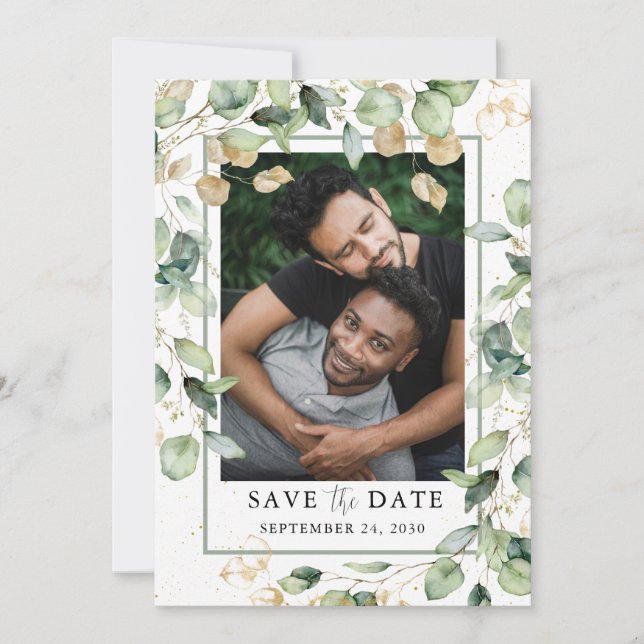 LGBTQ Eucalyptus Gold Photo Save The Date (Front)