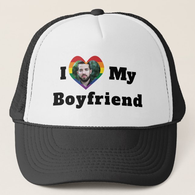 LGBTQ Gay Pride Custom Photo I Love My Boyfriend Trucker Hat (Front)