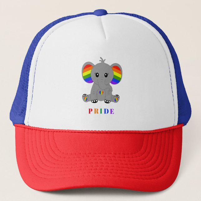 LGBTQ gay pride - cute elephant with rainbow flag Trucker Hat (Front)