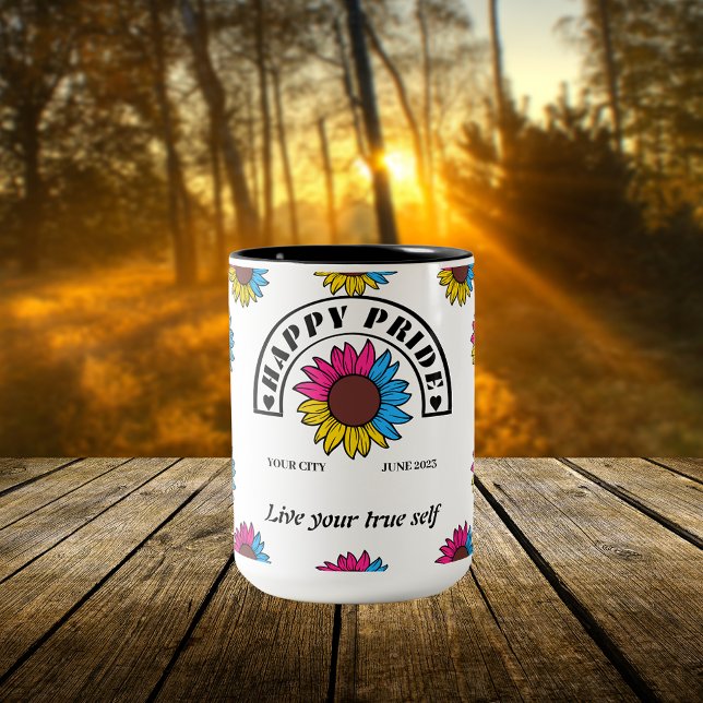 LGBTQ Happy Pride: Sunflower in Pansexual Colours Two-Tone Coffee Mug (Creator Uploaded)