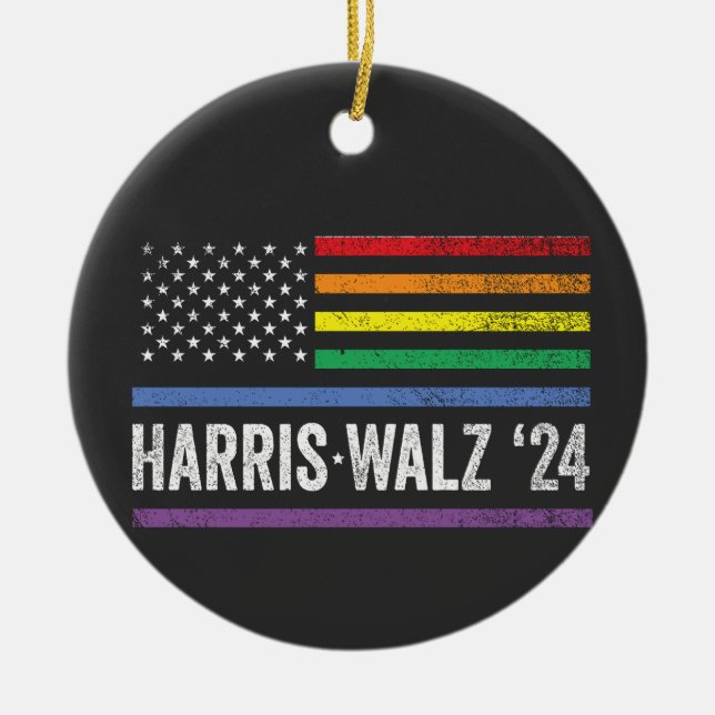 LGBTQ Harris Walz American Flag Election 2024 Ceramic Tree Decoration (Front)