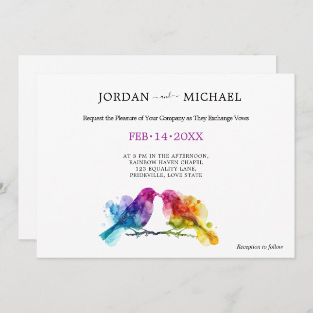LGBTQ+ horizontal Rainbow Lovebirds Invitation (Front/Back)