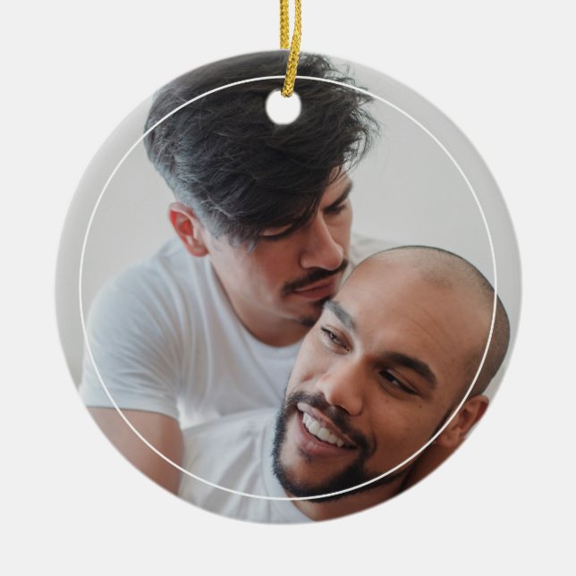 LGBTQ Male Couple Gay Olde Christmas Photo Ceramic Tree Decoration (Front)