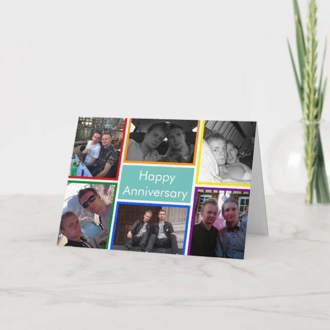LGBTQ Plus Happy Anniversary Rainbow Photo Collage Card (Front)