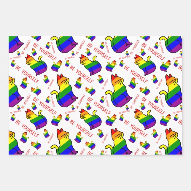 LGBTQ+ Pride Cat - Be Yourself Wrapping Paper Sheet (Front)