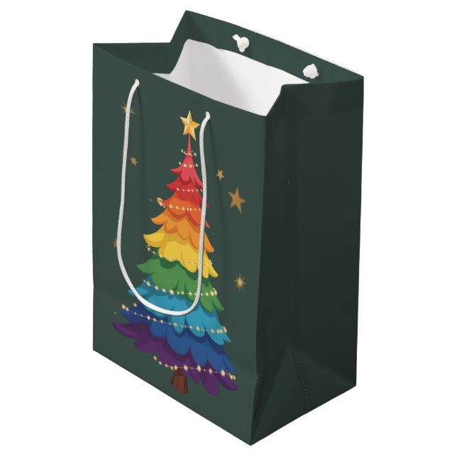 LGBTQ Pride Christmas Tree Rainbow Holiday Festive Medium Gift Bag (Front Angled)